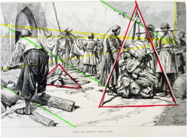 Figure 1: Pesée des bagages (engraving from a photograph), pyramidal construction of the image.